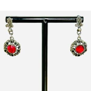 Vintage Signed EH Dark Silver Marcasite Faceted Red Center Dangle Earrings